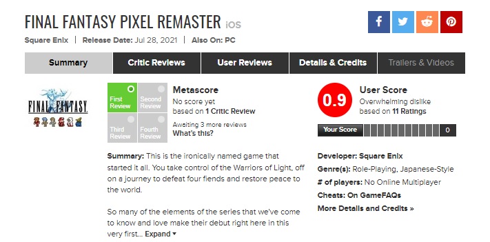 Final Fantasy Pixel Remaster - Metacritic