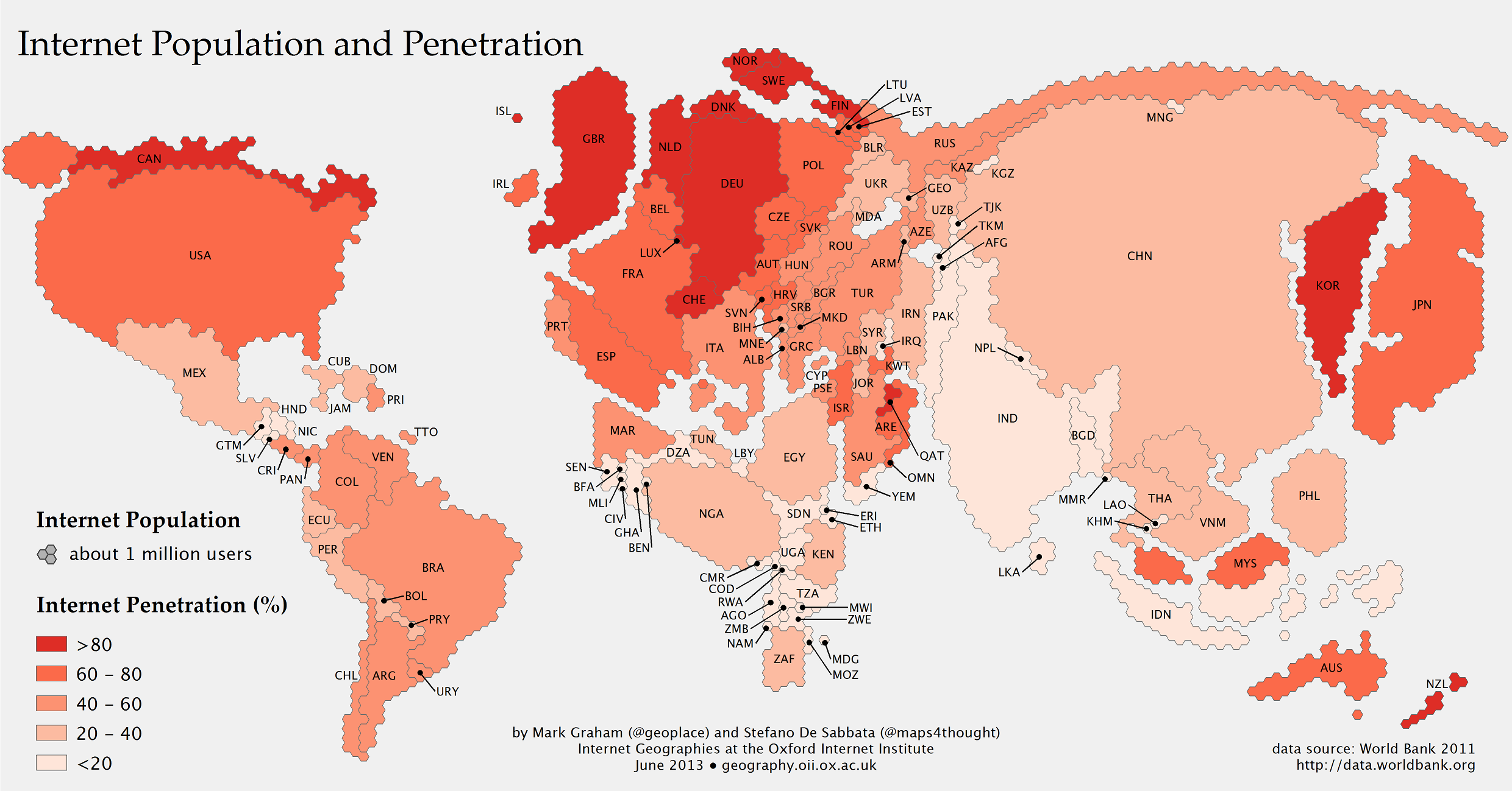 Карта мира в соответствии с населением интернета - Shazoo