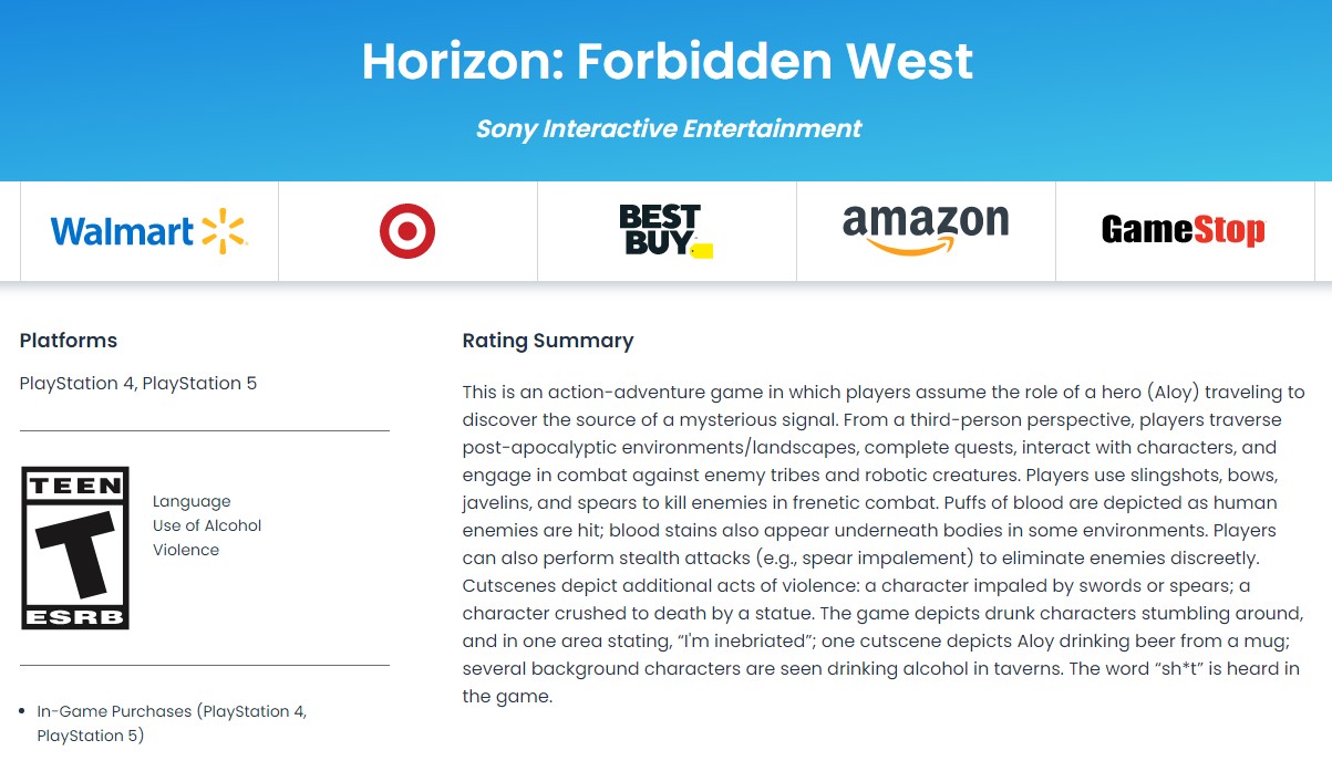 В Horizon Forbidden West будет насилие и распитие алкоголя — игра получила рейтинг ESRB