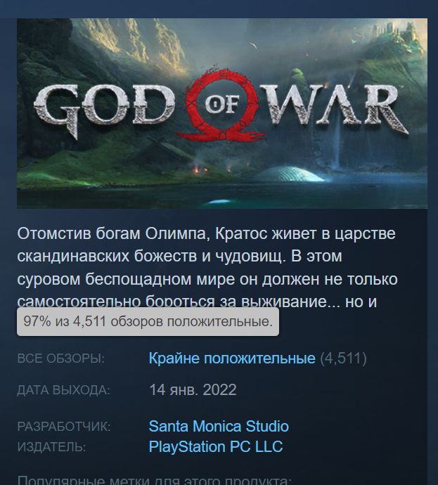 Старт God of War в Steam — более 65 тысяч игроков и 97% положительных отзывов