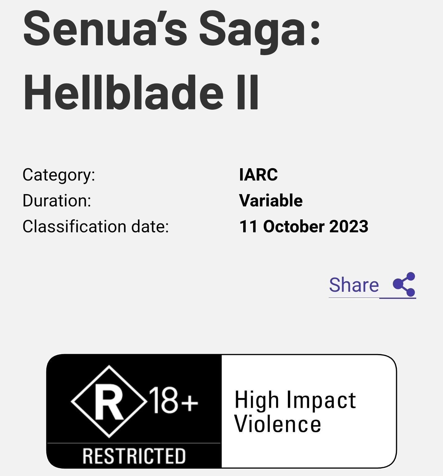 Senua's Saga: Hellblade 2 Rated in Australia