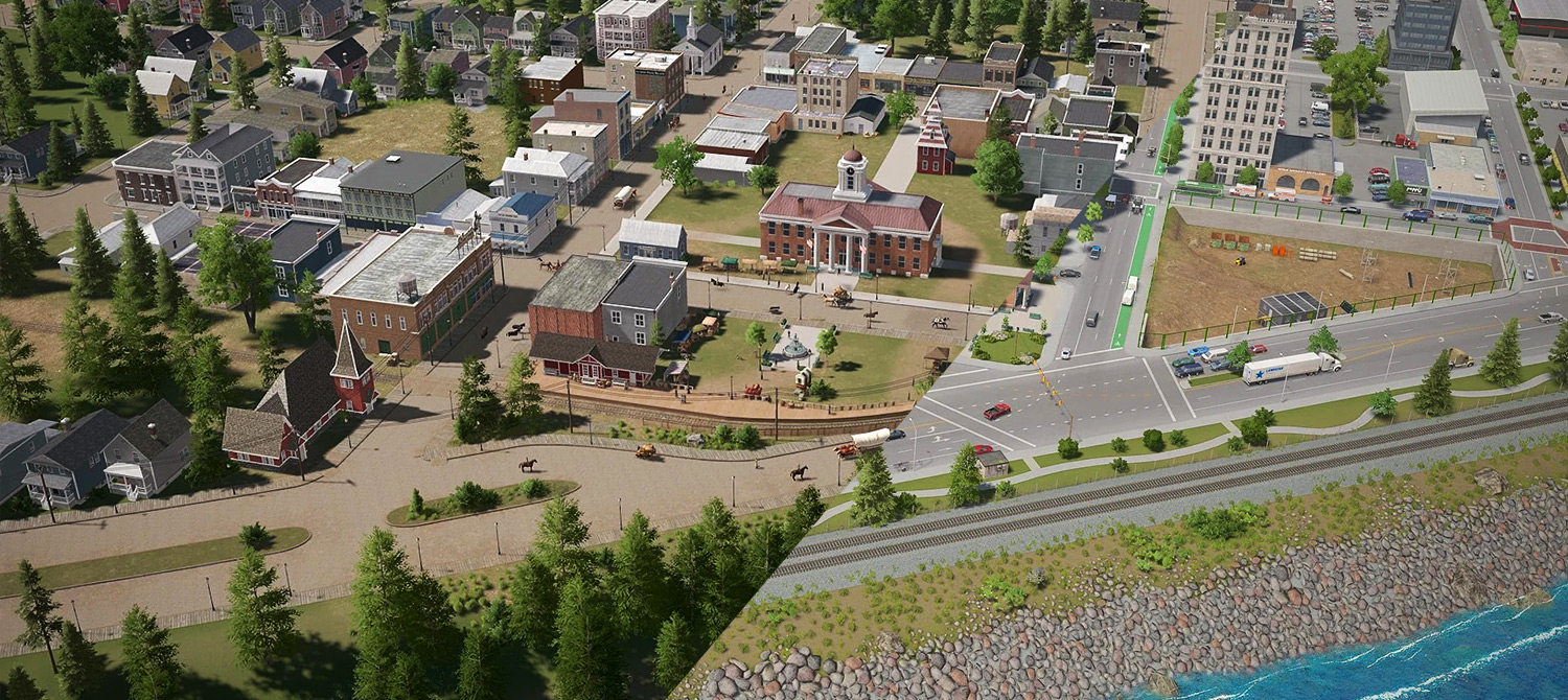 Игрок Cities: Skylines 2 предложил идею о городе, проходящем через исторические периоды — от поездов и карет до современного мегаполиса