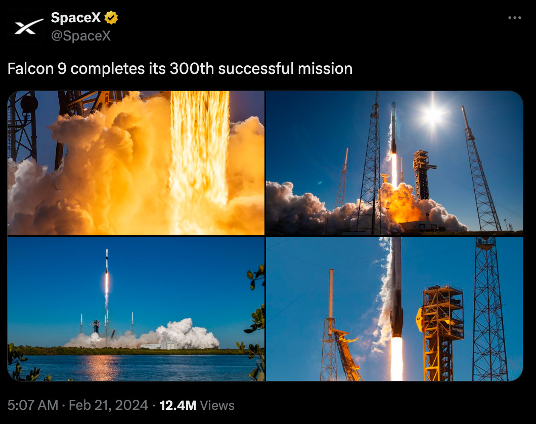 Ракета Falcon 9 компании SpaceX установил новый рекорд, совершив 301 полет в общем зачете и 19-ю личную посадку