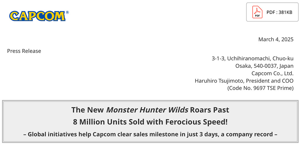 Продажи Monster Hunter Wilds превысили 8 миллионов копий за 3 дня