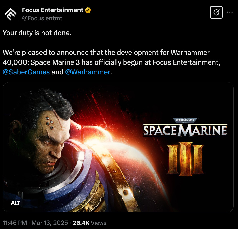 Warhammer 40,000: Space Marine 3 уже в разработке — обещает еще более масштабные сражения