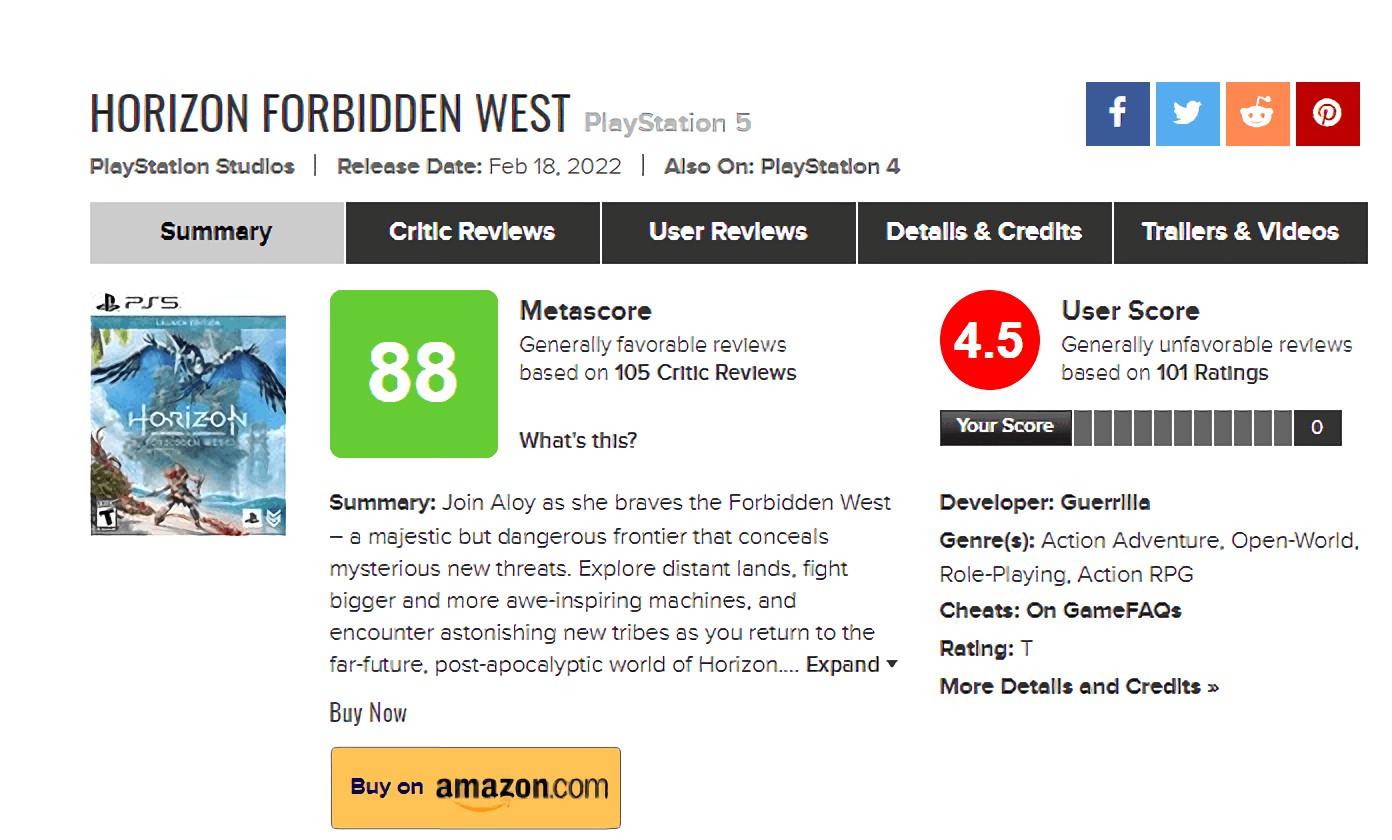 Тролли устроили ревью-бомбинг Horizon Forbidden West на Metacritic — у игры  было 4.5 из 10 баллов - Shazoo