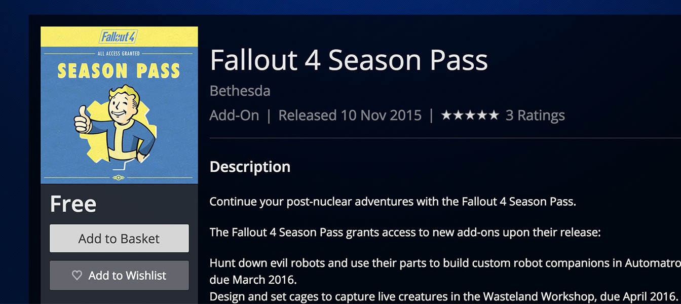 Бесплатный сезонный пропуск Fallout 4 в PS Store! Спешите!