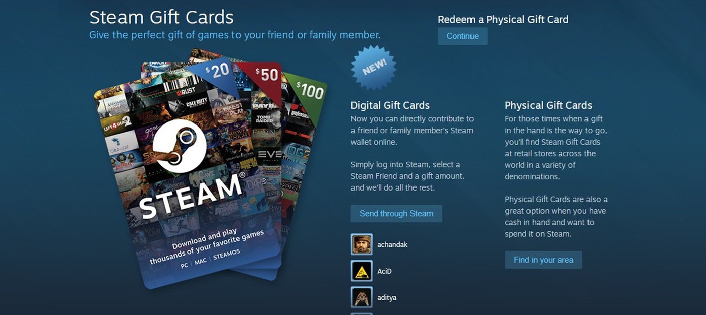 Steam запустил подарочные карты