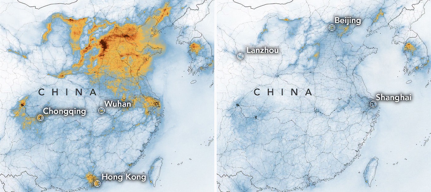 Новые карты NASA демонстрируют драматическое падение уровня загрязнений в Китае из-за коронавируса