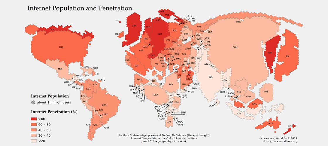 Карта мира в соответствии с населением интернета