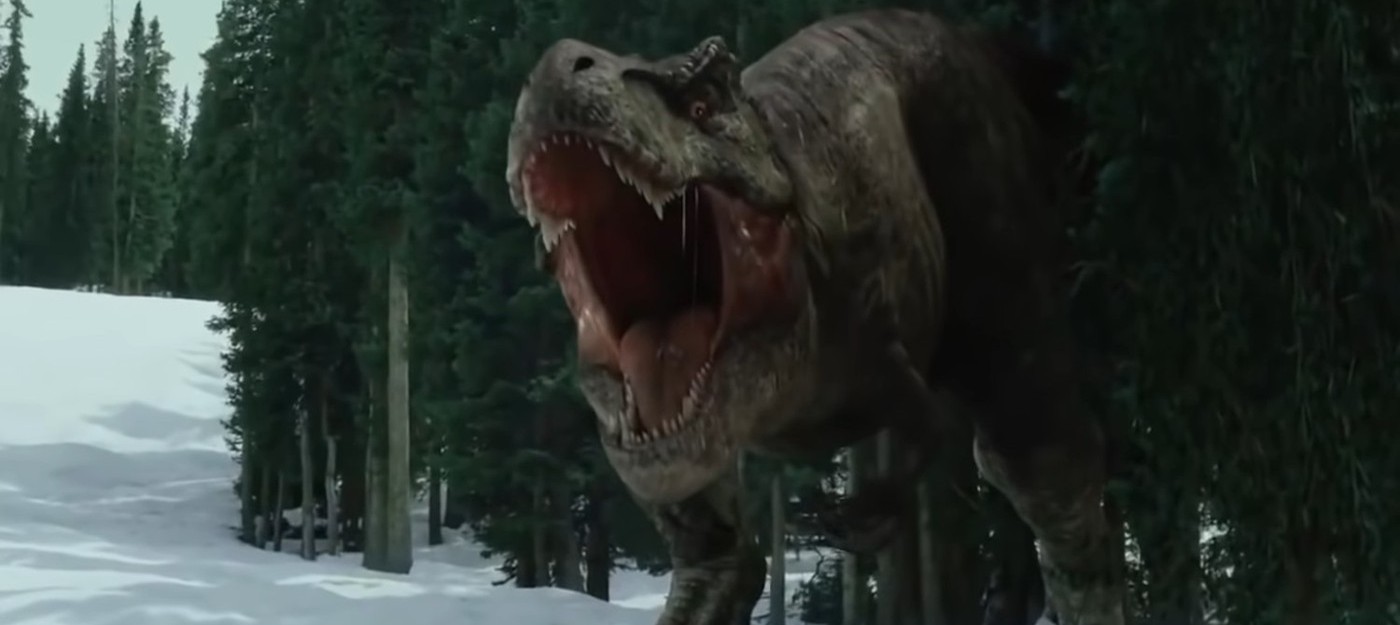 Динозавры на горнолыжной трассе в рекламе "Мир Юрского периода: Господство" и зимней Олимпиады