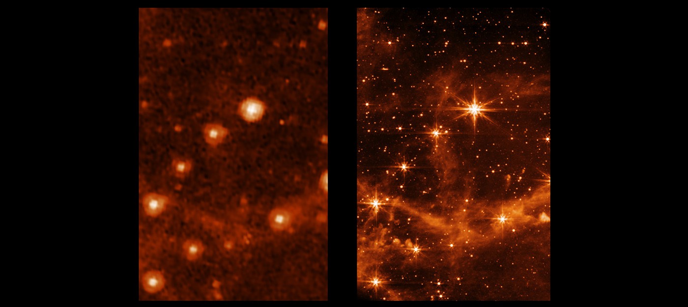 NASA сравнила качество космических изображений от телескопа Спитцер и Джеймса Уэбба