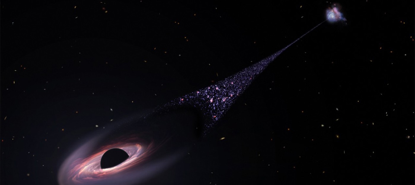 Беглую сверхмассивную черную дыру сопровождает хвост из молодых звезд