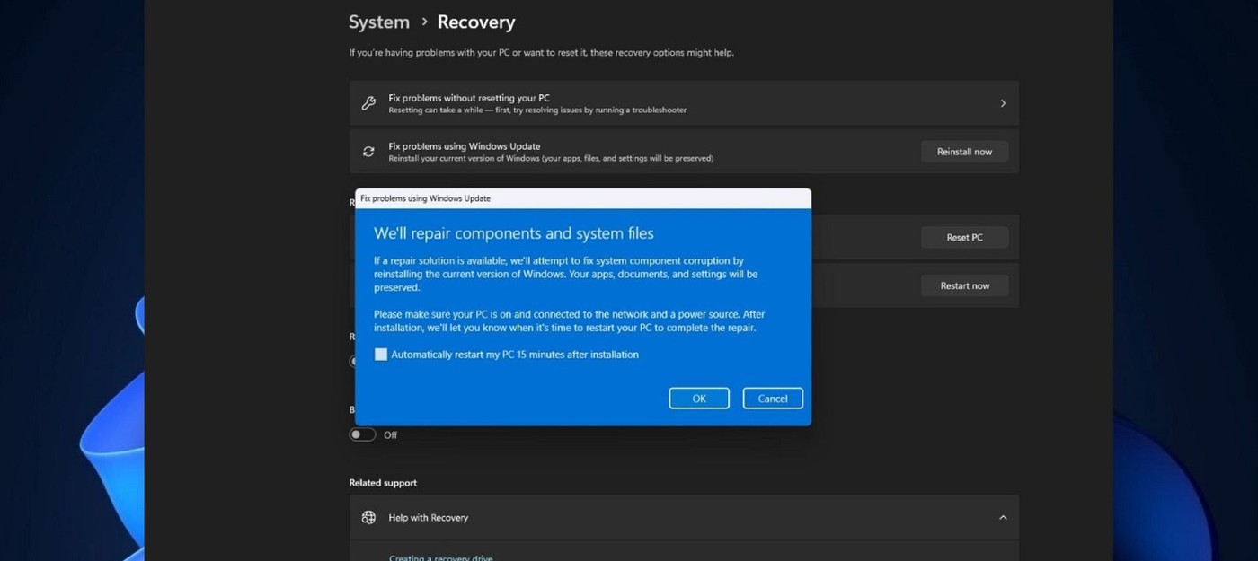 Бета апдейта Windows 11 добавила кнопку переустановки системы из Центра обновлений