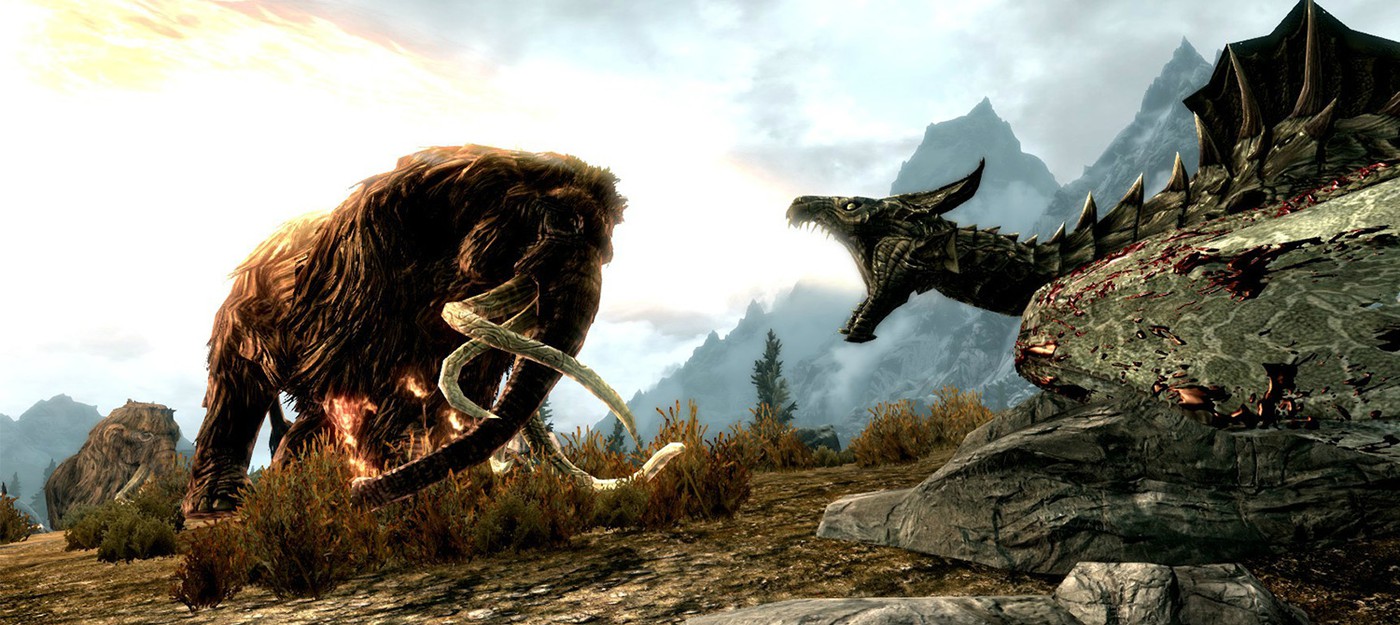 Игрок в Skyrim увидел, как дракон убивает мамонта, подбросив его в воздух