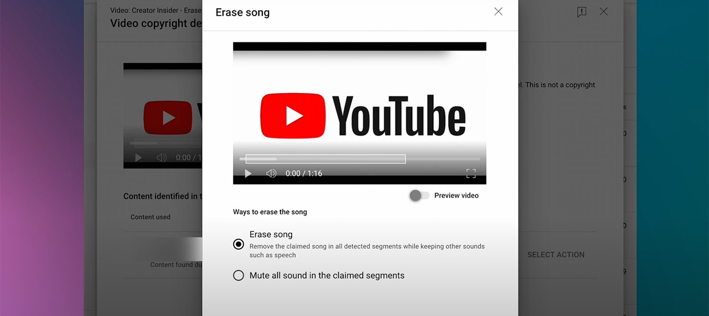YouTube улучшил инструмент "удаления песни", позволяя убирать только защищенную авторским правом музыку