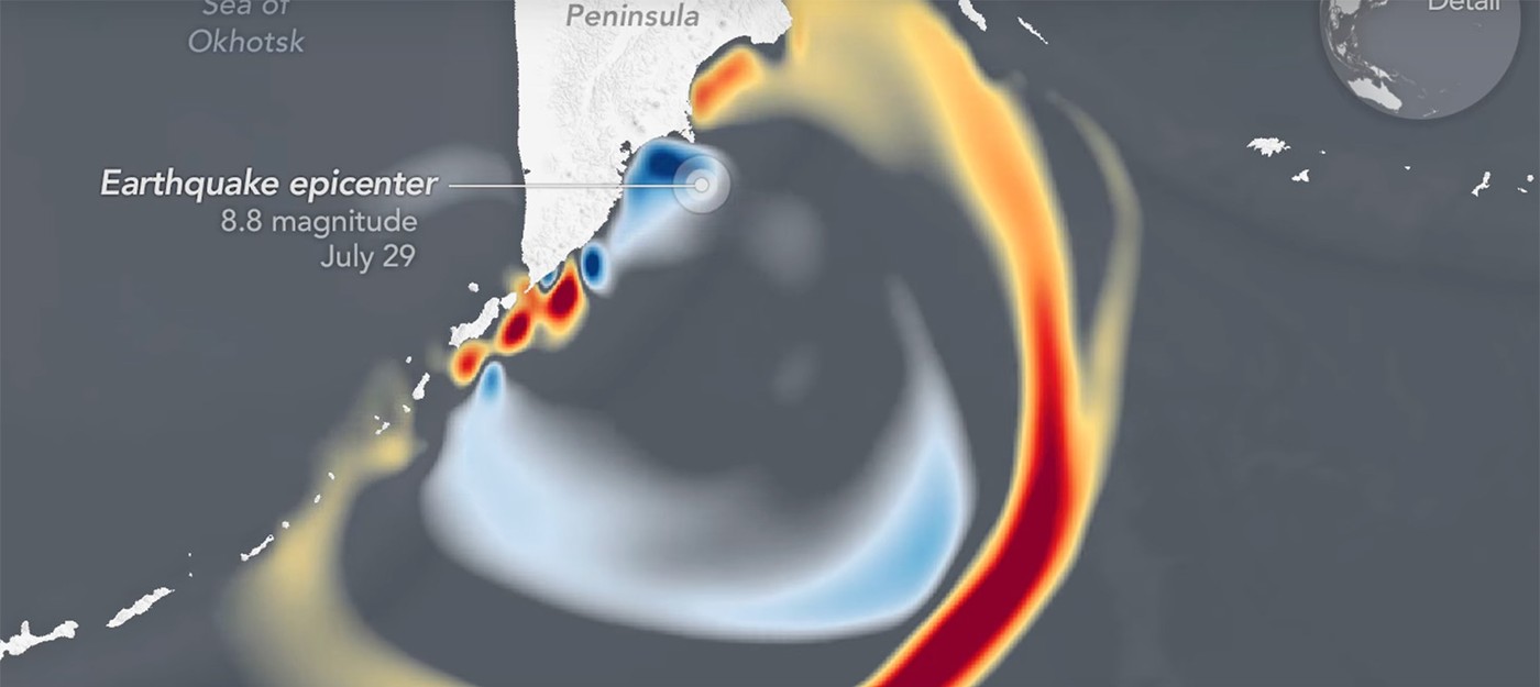 Спутник NASA запечатлел мощь цунами после исторического землетрясения у берегов Камчатки