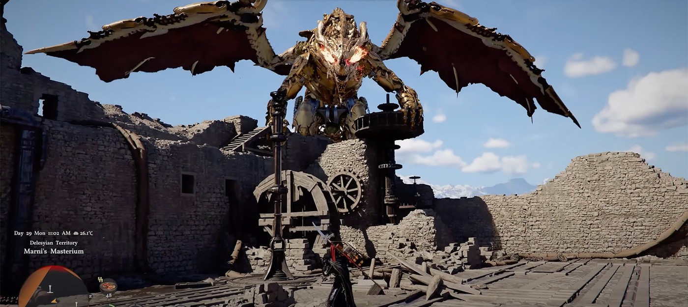 Битва с огромным механическим драконом в новом геймплее Crimson Desert