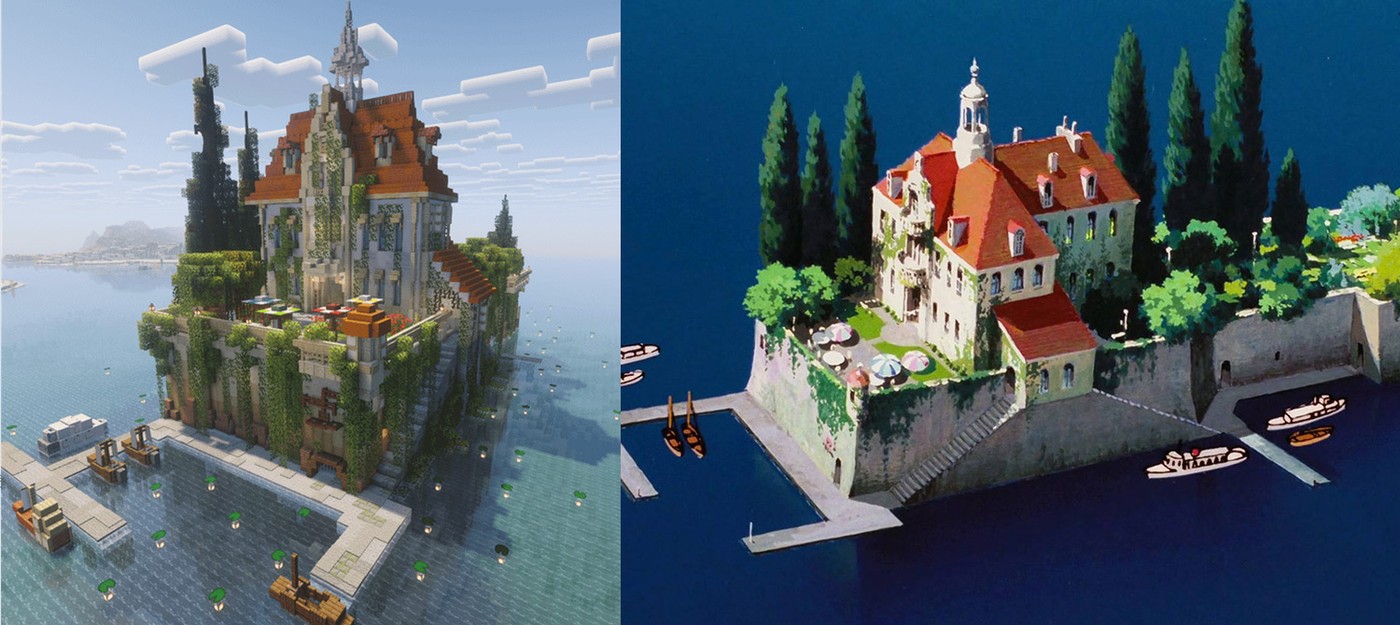 Фанат Minecraft воссоздал отель из аниме "Порко Россо" от студии Ghibli