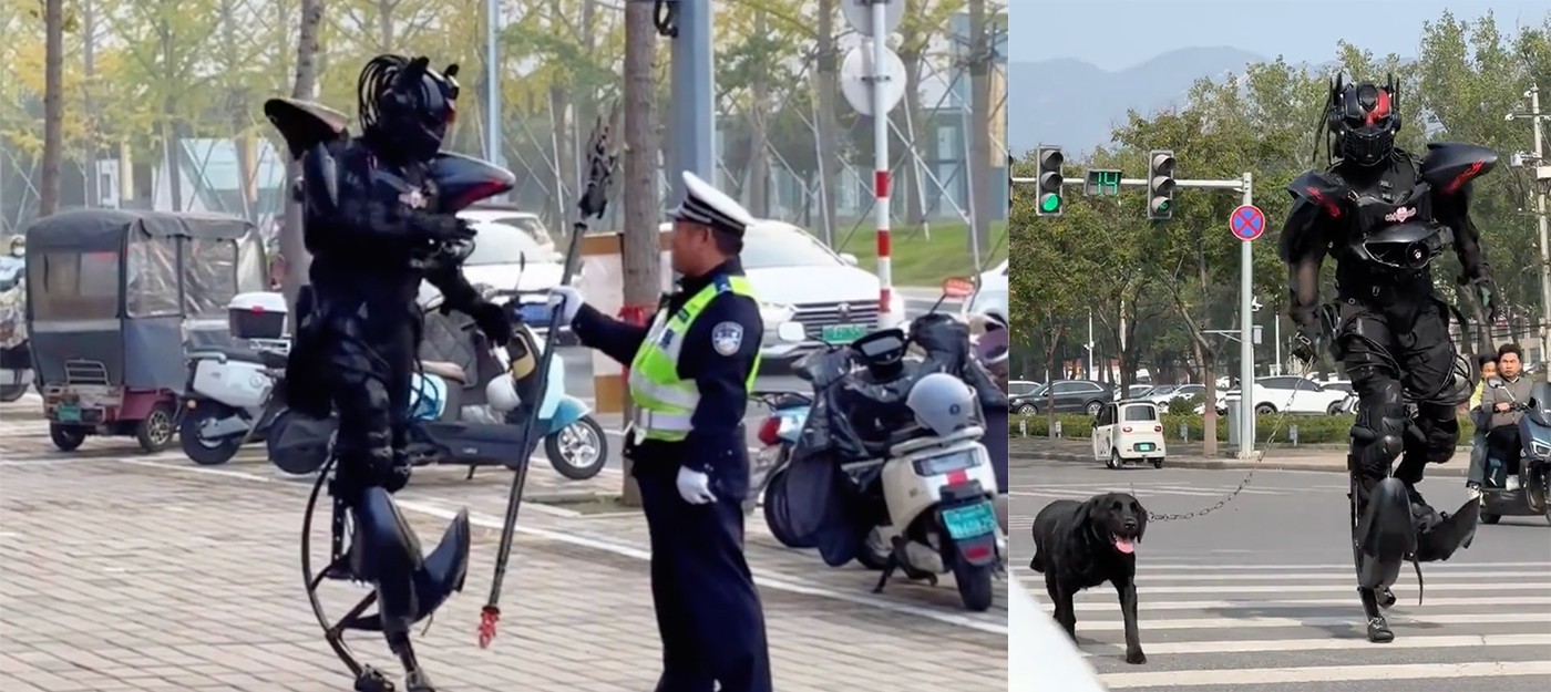 Владелец ресторана в Китае доставляет еду клиентам в самодельном механическом костюме