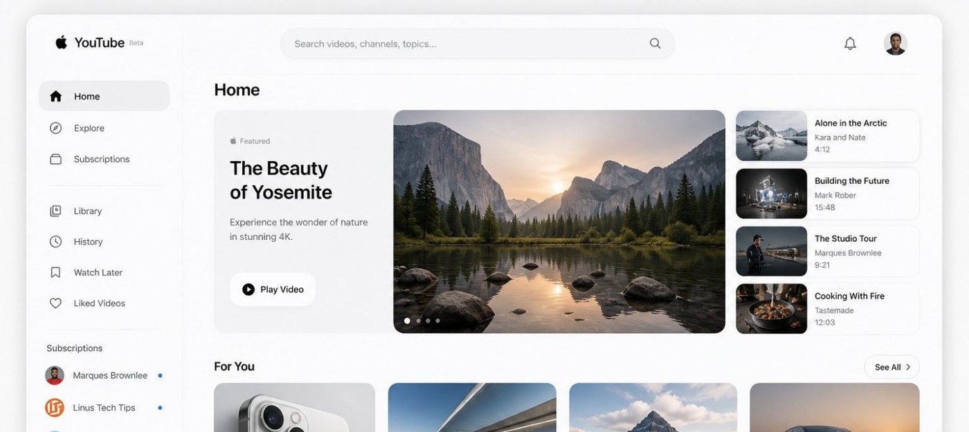 Дизайнеры в X переосмыслили YouTube и другие сервисы в стиле Apple