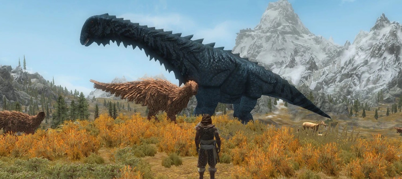 Моддера, превратившего Skyrim в "Парк Юрского периода", попросили сразиться с огромным динозавром, и он сделал это