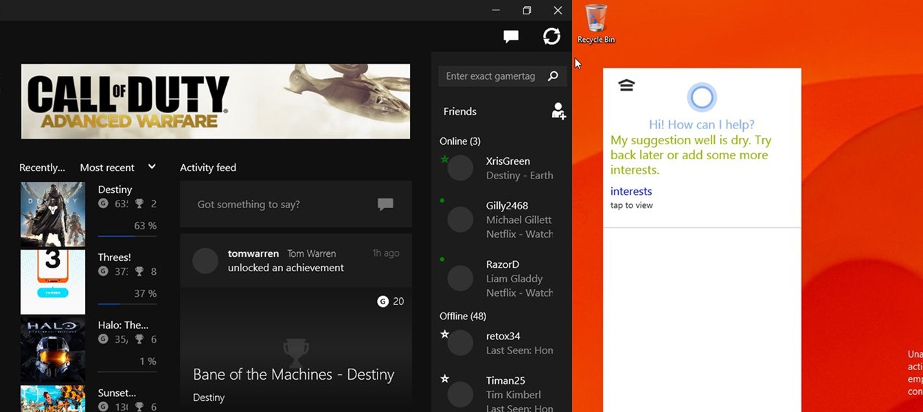 Первые кадры приложения Xbox и Cortana на Windows 10