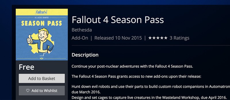 Бесплатный сезонный пропуск Fallout 4 в PS Store! Спешите!