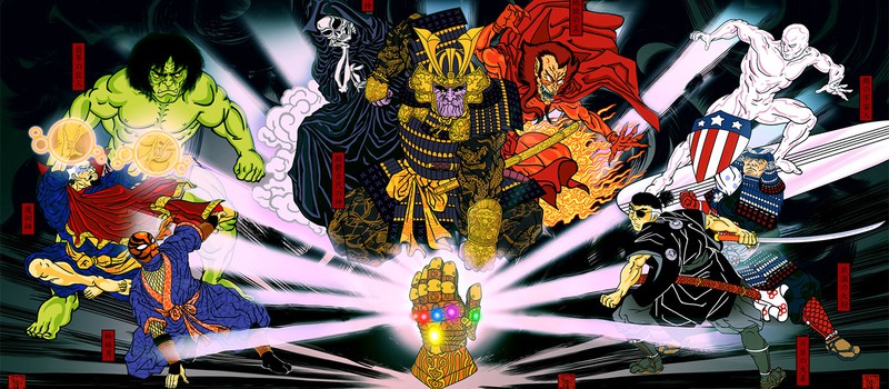 Танос и Мстители в виде традиционной японской иллюстрации