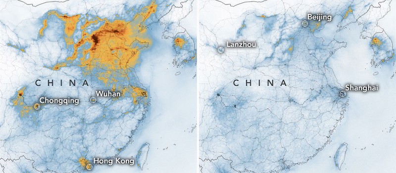 Новые карты NASA демонстрируют драматическое падение уровня загрязнений в Китае из-за коронавируса