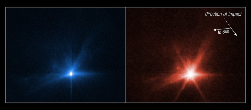 Вот как выглядит столкновение аппарата DART с астероидом глазами телескопов Уэбба и Хаббла