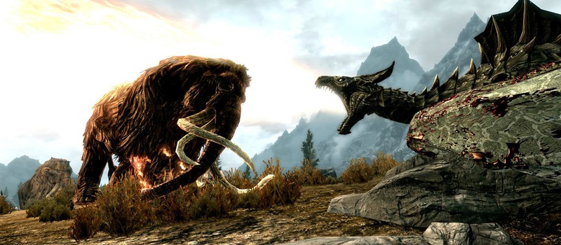 Игрок в Skyrim увидел, как дракон убивает мамонта, подбросив его в воздух