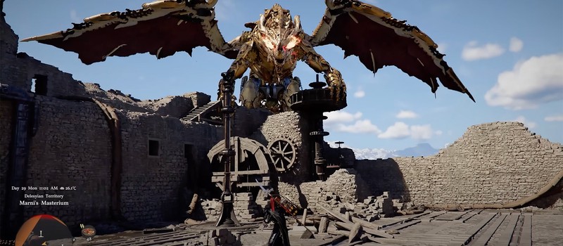 Битва с огромным механическим драконом в новом геймплее Crimson Desert