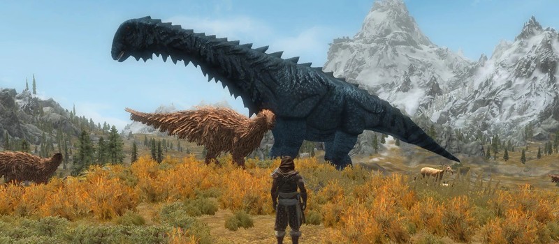 Моддера, превратившего Skyrim в "Парк Юрского периода", попросили сразиться с огромным динозавром, и он сделал это
